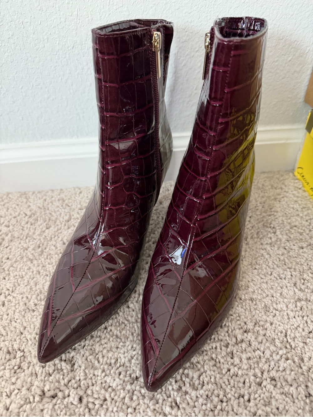 International Concepts (INC) Croc-Embossed Pointed Patent Ankle Boots in Burgund